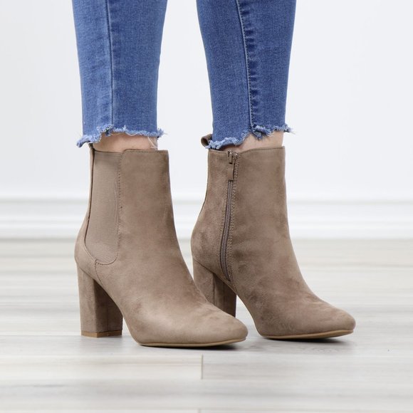 Shoes - Taupe Suede Chelsea Round Toe Block High Heel Above Ankle Boots